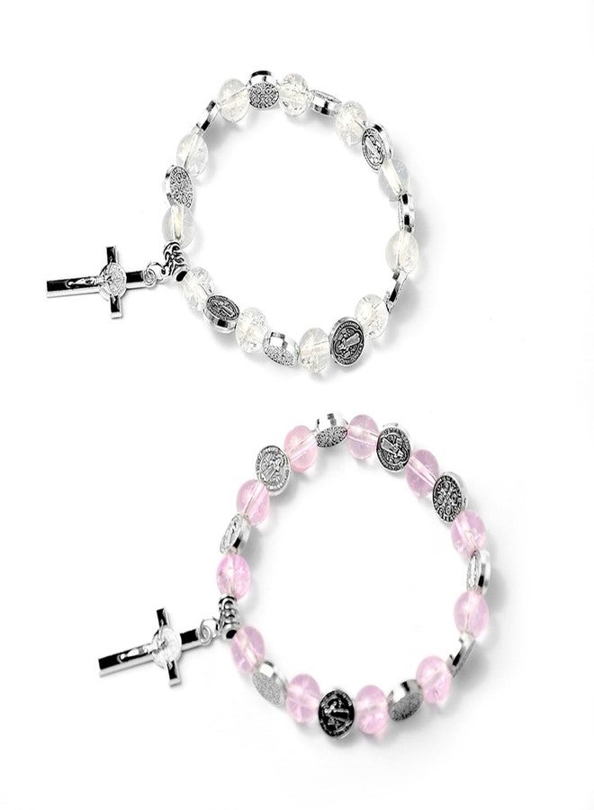 CACALOSS 8MM Blue Crystal Bracelet Jesus Cross Rosary Bracelet for Baptism Prayer Eucharist Gift (Pink) - Image 4